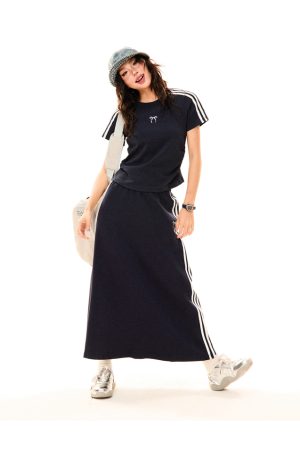 Women's Retro Sports Set with Three Stripes, Short Sleeve T-Shirt and High Waist Draped Mid-Length Skirt - Summer Style