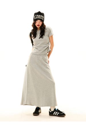 Women's Retro Sports Set with Three Stripes, Short Sleeve T-Shirt and High Waist Draped Mid-Length Skirt - Summer Style
