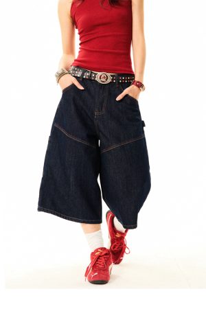 Women's Retro Wide-Leg Denim Shorts - Deconstructed American Style with Embroidered Bright Lines - Versatile Loose Fit