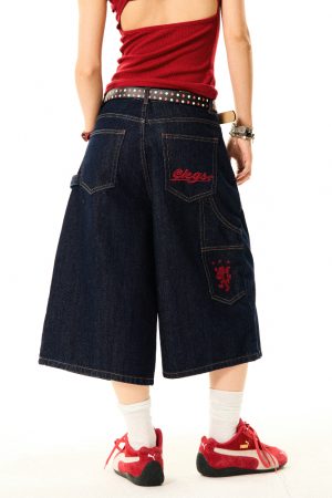 Women's Retro Wide-Leg Denim Shorts - Deconstructed American Style with Embroidered Bright Lines - Versatile Loose Fit