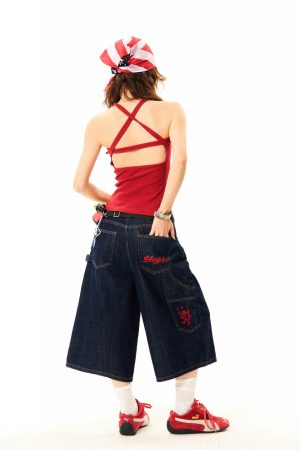 Women's Retro Wide-Leg Denim Shorts - Deconstructed American Style with Embroidered Bright Lines - Versatile Loose Fit