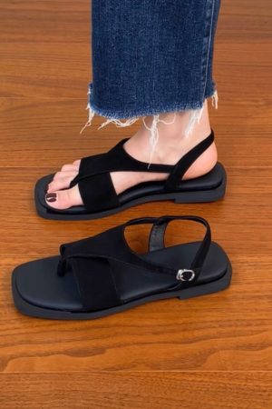 Women's Sanded Sheepskin Thong Flat Square-Toe Sandals - Versatile Open-Toe Roman Style for Summer 2025