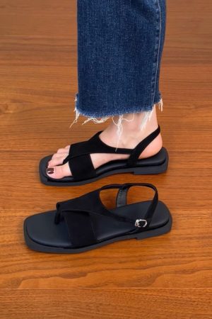 Women's Sanded Sheepskin Thong Flat Square-Toe Sandals - Versatile Open-Toe Roman Style for Summer 2025