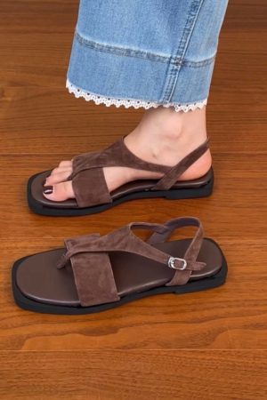 Women's Sanded Sheepskin Thong Flat Square-Toe Sandals - Versatile Open-Toe Roman Style for Summer 2025