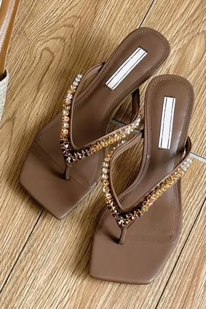 Women's Sheepskin Flip-Flops with Rhinestones, Square-Toed High-Heeled Sandals, Casual Vacation Style, French Elegance