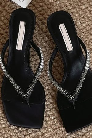 Women's Sheepskin Flip-Flops with Rhinestones, Square-Toed High-Heeled Sandals, Casual Vacation Style, French Elegance