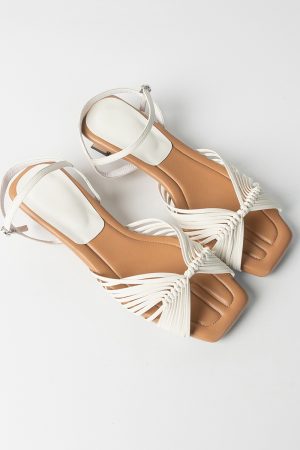 Women's Sheepskin French Woven Hollow Vacation Sandals, Low Heel One-Strap Square Toe Elegant High Heels