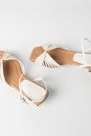 Women's Sheepskin French Woven Hollow Vacation Sandals, Low Heel One-Strap Square Toe Elegant High Heels