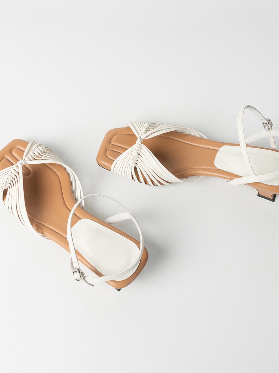 Women's Sheepskin French Woven Hollow Vacation Sandals, Low Heel One-Strap Square Toe Elegant High Heels Women's Sheepskin French Woven Hollow Vacation Sandals, Low Heel One-Strap Square Toe Elegant High Heels