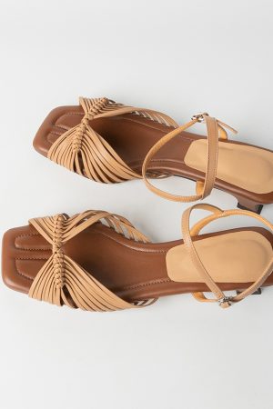 Women's Sheepskin French Woven Hollow Vacation Sandals, Low Heel One-Strap Square Toe Elegant High Heels