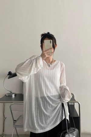 Women's Sheer Long Sleeve Sun Protection T-Shirt - Loose Fit Transparent Cover-Up with Grapefruit Print for Airy Comfort