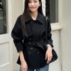 Women's Short Black Windbreaker Coat with Waist Tie, Casual Cardigan Style, Lapel Collar, Long Sleeves for Spring and Autumn