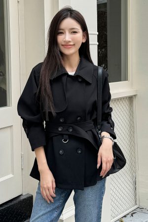 Women's Short Black Windbreaker Coat with Waist Tie, Casual Cardigan Style, Lapel Collar, Long Sleeves for Spring and Autumn