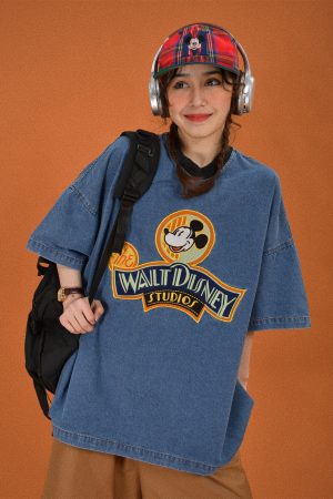 Women's Short Sleeve Denim T-Shirt with Cartoon Embroidery - Loose Fit, Round Neck, Summer Style, Vintage-Inspired