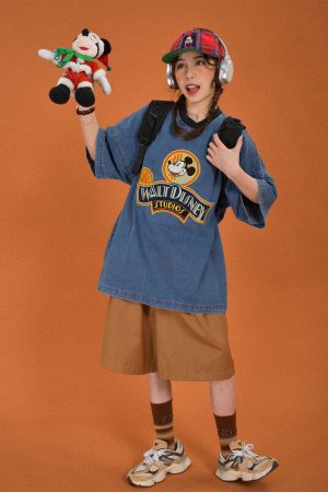 Women's Short Sleeve Denim T-Shirt with Cartoon Embroidery - Loose Fit, Round Neck, Summer Style, Vintage-Inspired