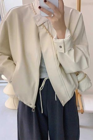 Women's Short White Leather Motorcycle Jacket - Trendy 2024 Spring Autumn Style for Petite Figures