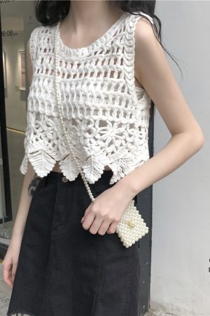 Women's Sleeveless Lace Crop Top - Retro Knitted Hollow-Out Design with Sexy Crochet Details, Perfect for Y2K and Summer Style