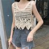 Women's Sleeveless Lace Crop Top - Retro Knitted Hollow-Out Design with Sexy Crochet Details, Perfect for Y2K and Summer Style