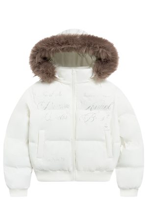 Women's Slim-Fit Black and White Short Cotton Coat with Removable Fur Collar for Winter Fashion