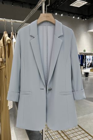 Womenâ€™s Slim Fit Blue Blazer Jacket with Seven-Point Sleeves - Trendy Spring/Summer Commuter Style 2025
