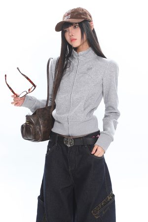 Women's Slim Fit Zipper Stand Collar Sweatshirt Jacket - Lazy Casual Long Sleeve Top for Early Spring Style