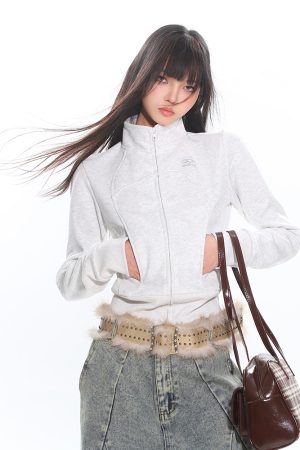 Women's Slim Fit Zipper Stand Collar Sweatshirt Jacket - Lazy Casual Long Sleeve Top for Early Spring Style