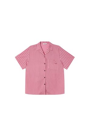 Women's Solid Color Striped Shirt with Folded Corner Pocket, Loose Cuban Collar, Summer 2025 Casual Style