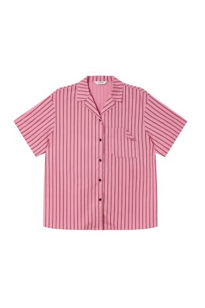 Women's Solid Color Striped Shirt with Folded Corner Pocket, Loose Cuban Collar, Summer 2025 Casual Style