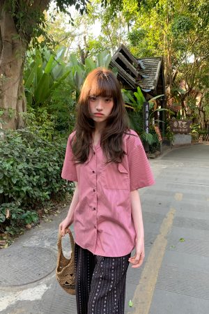 Women's Solid Color Striped Shirt with Folded Corner Pocket, Loose Cuban Collar, Summer 2025 Casual Style