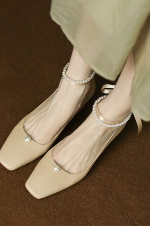 Women's Spring High Heels Mary Jane Shoes with Pearl Buckle and Lace-Up Details - Stylish Italian Design for Elegant Outfits
