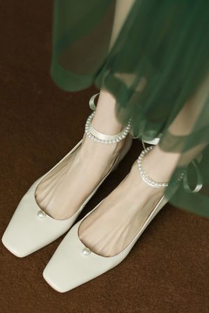 Women's Spring High Heels Mary Jane Shoes with Pearl Buckle and Lace-Up Details - Stylish Italian Design for Elegant Outfits