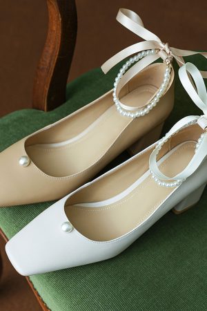 Women's Spring High Heels Mary Jane Shoes with Pearl Buckle and Lace-Up Details - Stylish Italian Design for Elegant Outfits