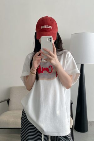 Womenâ€™s Spring Summer Short Sleeve T-Shirt - Cold Brew Inspired Two-Color Printed Embroidered Design