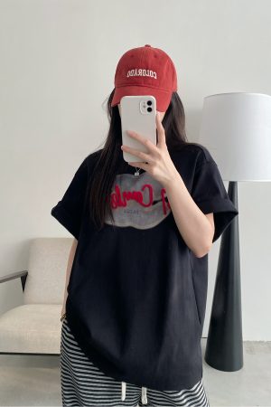 Womenâ€™s Spring Summer Short Sleeve T-Shirt - Cold Brew Inspired Two-Color Printed Embroidered Design