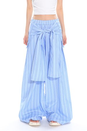Women's Spring Summer Striped Tie Fake Shirt Casual Wide-Leg Pants - Floor-Length Loose Fit for Commuter Style