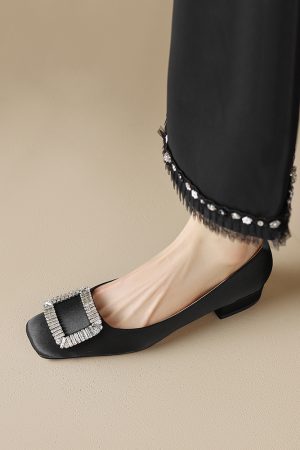 Women's Square-Toed Mid-Heel Chunky Heel Shoes with Square Buckle - Italian Corso Venezia Inspired Soft Sole Footwear