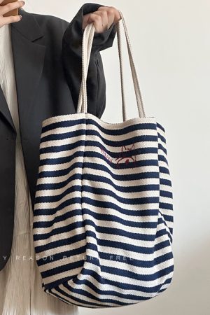 Women's Striped Canvas Tote Bag 2024 - Large Capacity Shoulder Bag for Students, Casual Commuting, Everyday Use