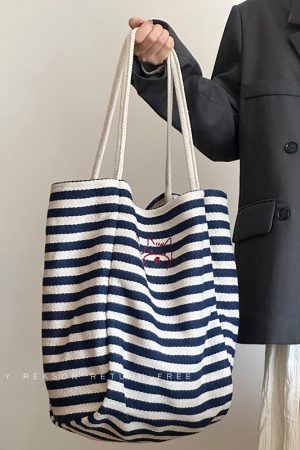 Women's Striped Canvas Tote Bag 2024 - Large Capacity Shoulder Bag for Students, Casual Commuting, Everyday Use