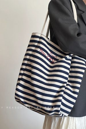 Women's Striped Canvas Tote Bag 2024 - Large Capacity Shoulder Bag for Students, Casual Commuting, Everyday Use