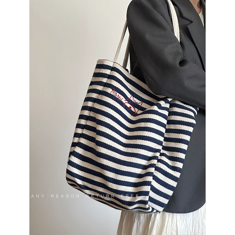 Women's Striped Canvas Tote Bag 2024 - Large Capacity Shoulder Bag for Students, Casual Commuting, Everyday Use Women's Striped Canvas Tote Bag 2024 - Large Capacity Shoulder Bag for Students, Casual Commuting, Everyday Use