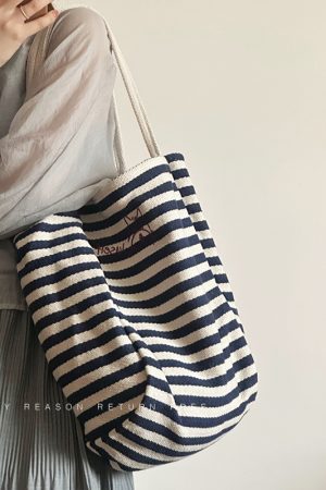 Women's Striped Canvas Tote Bag 2024 - Large Capacity Shoulder Bag for Students, Casual Commuting, Everyday Use