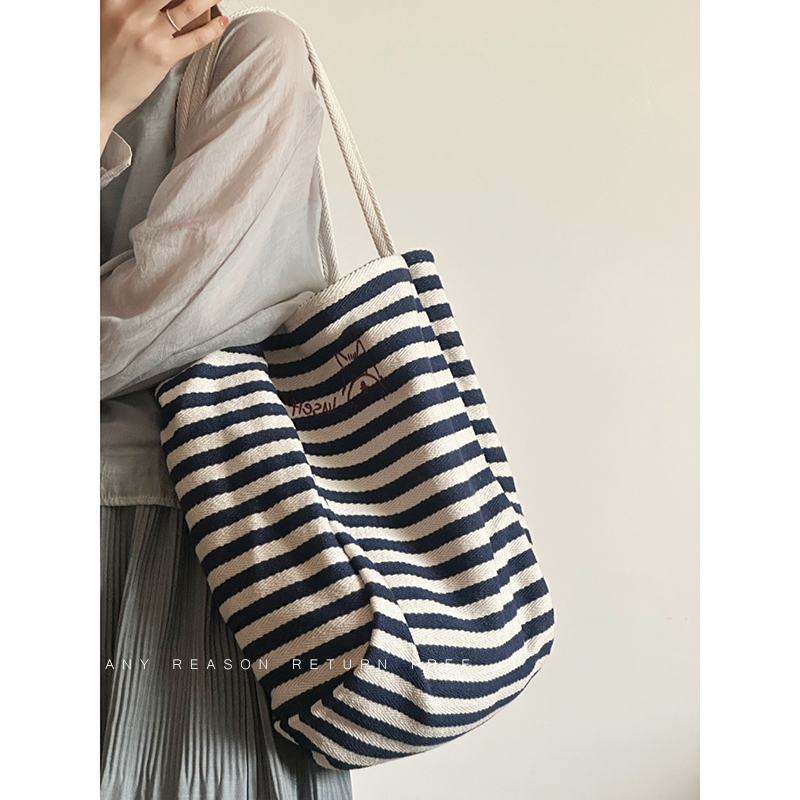 Women's Striped Canvas Tote Bag 2024 - Large Capacity Shoulder Bag for Students, Casual Commuting, Everyday Use Women's Striped Canvas Tote Bag 2024 - Large Capacity Shoulder Bag for Students, Casual Commuting, Everyday Use