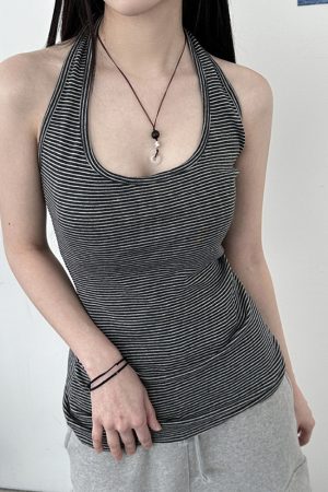 Women's Striped Halter Neck Backless Tank Top - Casual Slim Fit Summer Camisole for Versatile 90s Y2K Style