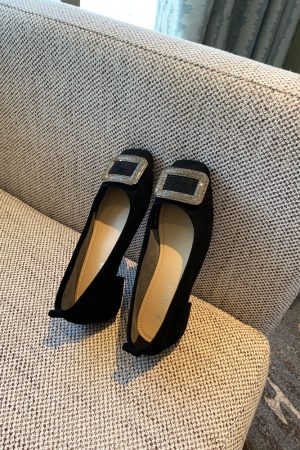 Women's Suede Flats with Rhinestone Square Buckle, Spring 2025 Style, Shallow Mouth Square Toe, Trendy Footwear