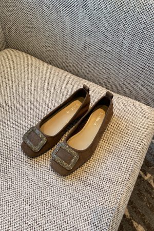 Women's Suede Flats with Rhinestone Square Buckle, Spring 2025 Style, Shallow Mouth Square Toe, Trendy Footwear