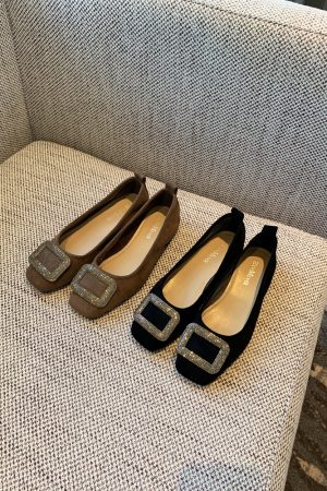 Women's Suede Flats with Rhinestone Square Buckle, Spring 2025 Style, Shallow Mouth Square Toe, Trendy Footwear