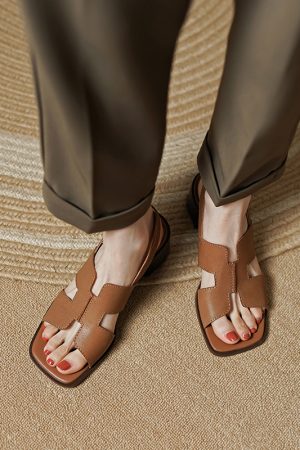 Women's Summer 2025 Chunky High Heel Sandals - Non-Luxury Genuine Leather, Square-Toe, Open-Toe, Versatile One-Strap Design