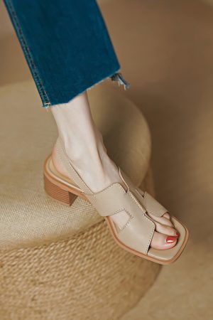Women's Summer 2025 Chunky High Heel Sandals - Non-Luxury Genuine Leather, Square-Toe, Open-Toe, Versatile One-Strap Design