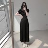Women's Summer 2025 Round Neck Ribbed Striped A-Line Dress, Spliced Flared Skirt, Waist-Cinching, Solid Color, Cotton