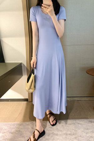 Women's Summer 2025 Round Neck Ribbed Striped A-Line Dress, Spliced Flared Skirt, Waist-Cinching, Solid Color, Cotton